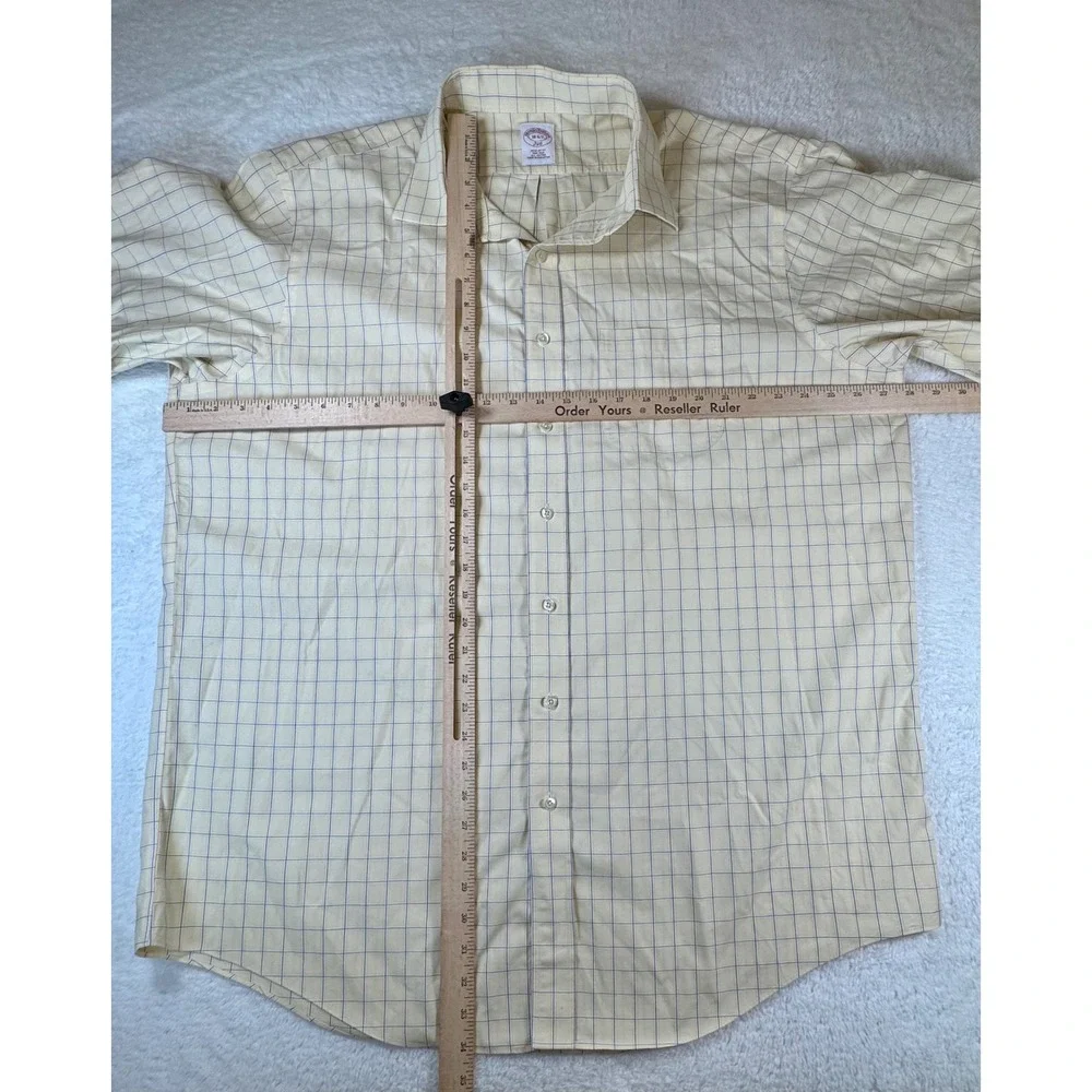 Brooks Brothers Dress Shirt Mens 18 6/7 Yellow Windowpane Check Non-Iron‎ Cotton